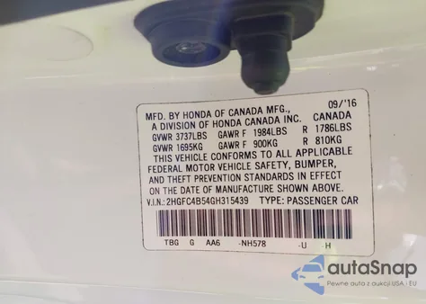 2016 Honda Civic Lx z USA, uszkodzony, nr VIN 2HGFC4B54GH315439